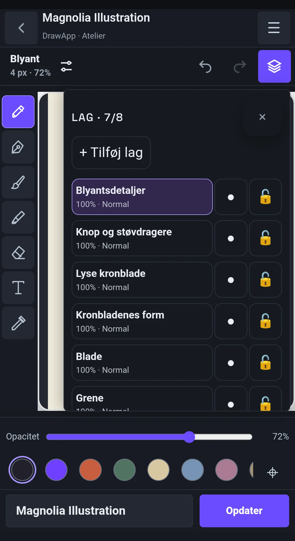 Hold skitse, farve, skygger og detaljer adskilt.
