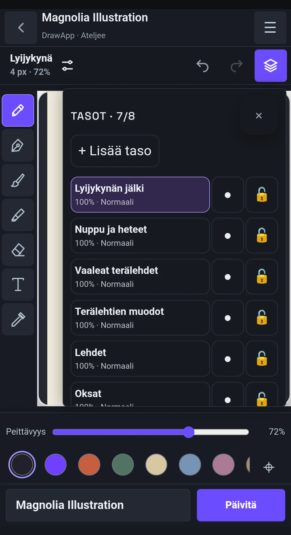 Pidä luonnos, värit, varjot ja yksityiskohdat erillään.