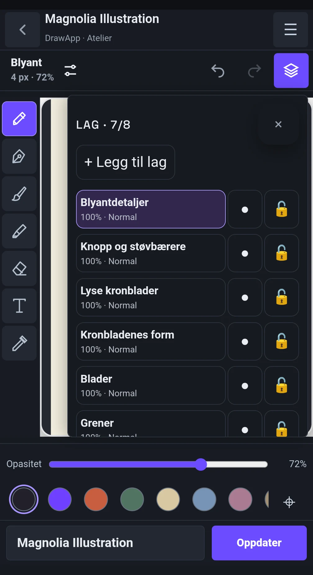 Hold skisse, farge, skygger og detaljer atskilt.